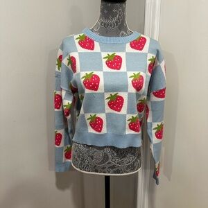 NWT Luna Ivy Anthropologie Strawberry and Blue Checker. Crew Neck Oversized Sm